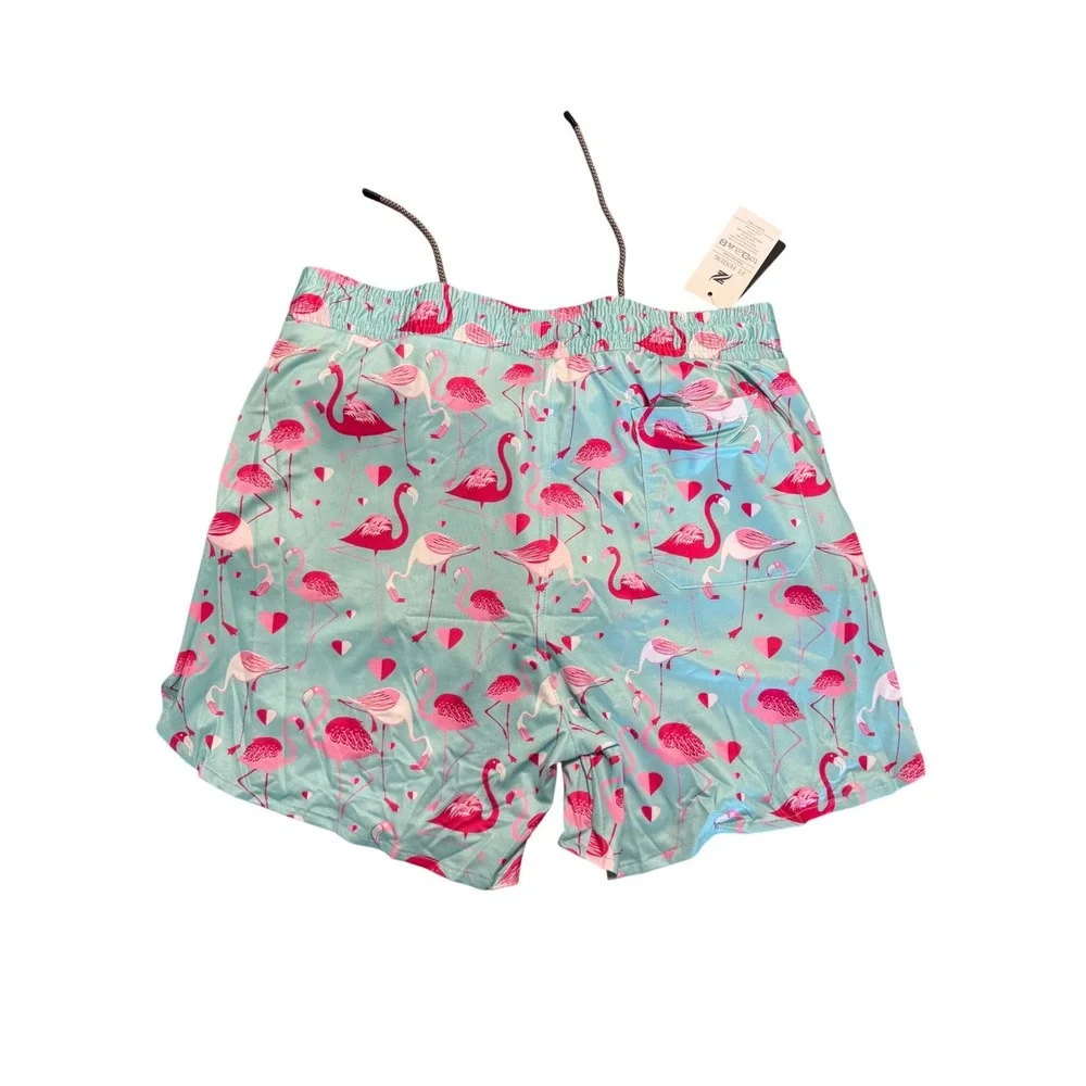 NWT FT Fenteng Flamingo Swim Trunks Men's Large Aqua Pink Quick Dry Beach